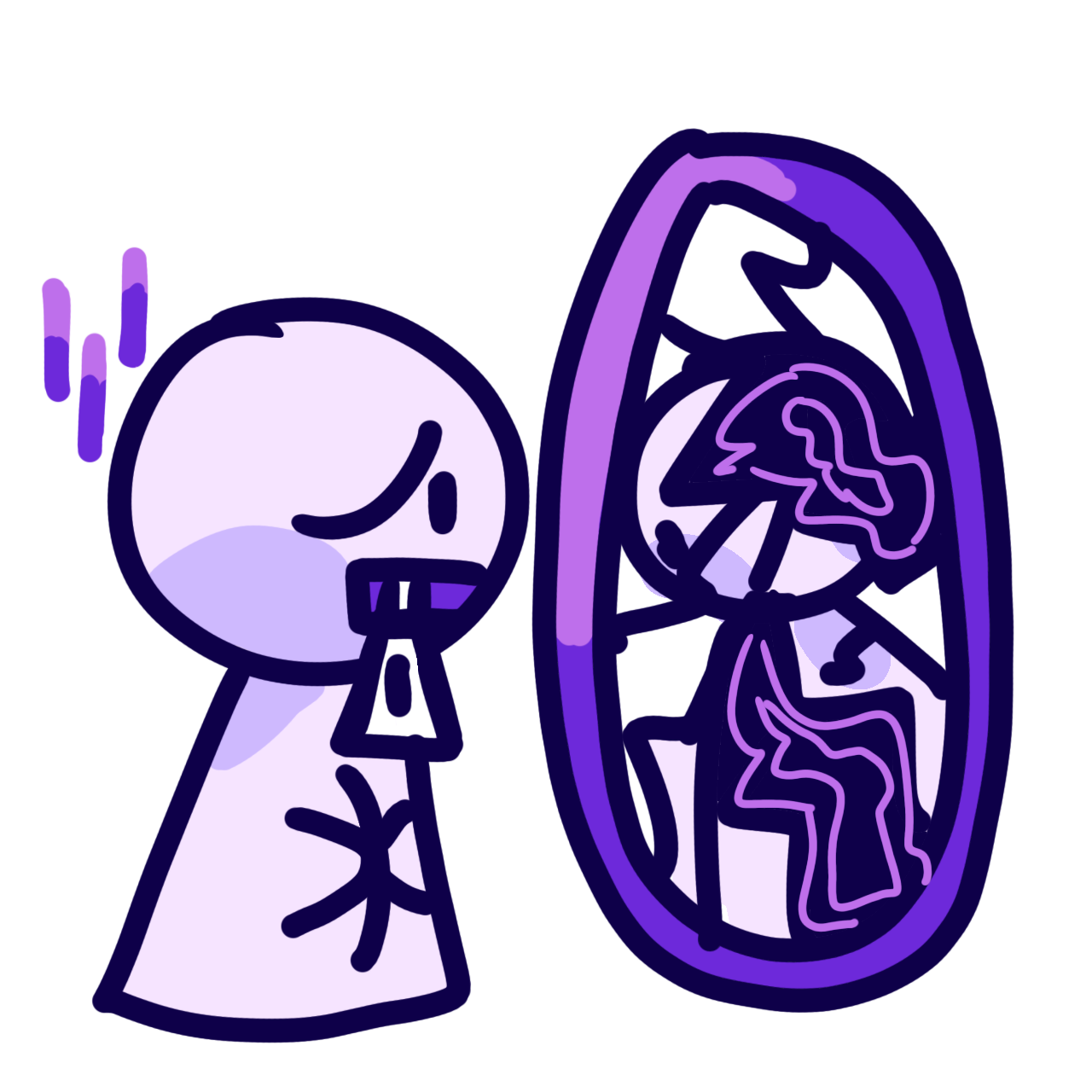 a person with the BPD symbol on their chest and a zipper in place of their mouth looking distressed at a mirror. The mirror is cracked and has a warped reflection, referring to their warped self image.